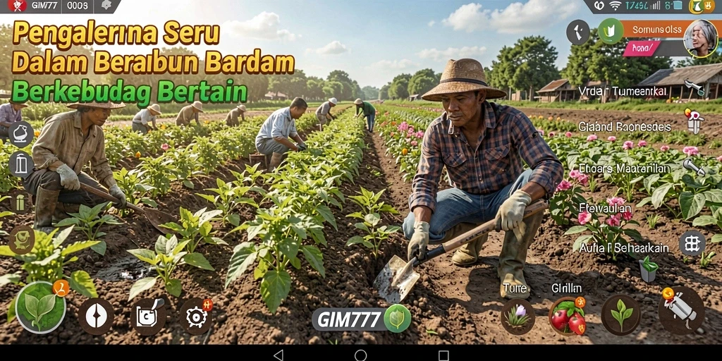 Screenshot gameplay GIM777 menunjukkan kebun yang cantik dan hewan ternak yang bahagia.