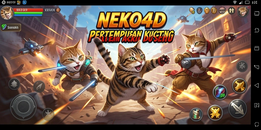 Tampilan gameplay NEKO4D yang penuh aksi dan kucing berani berperang.