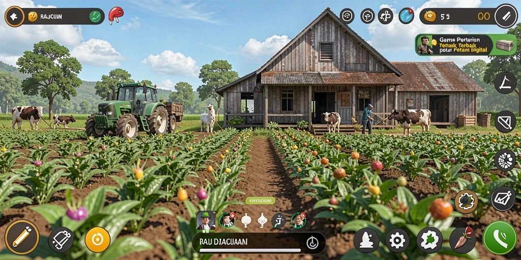 Screenshot gameplay RAJACUAN menampilkan aktivitas bertani yang menyenangkan.
